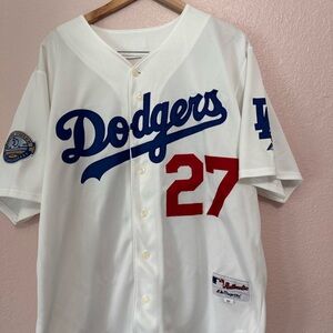 50th Anniversary Celebration White Dodgers Jersey with Blue and Red Accents #27
